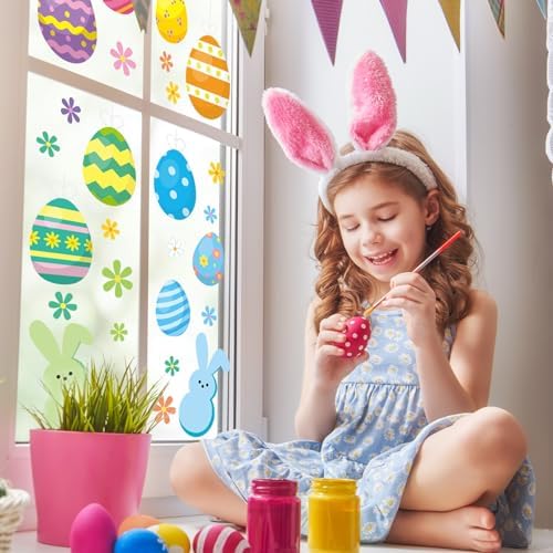Whaline Easter Window Clings Happy Easter Bunny Rabbit Egg Double-Side Window Decals for Home Office School Shop Display Party Decorations, 107 Pcs, 9 Sheet
