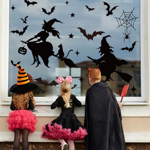 JarThenaAMCS Extra Large Halloween Window Clings Black Witch Castle Bat Window Stickers Double-Sided Glass Decals for Home Classroom Office Party Decoration, 4 Sheets