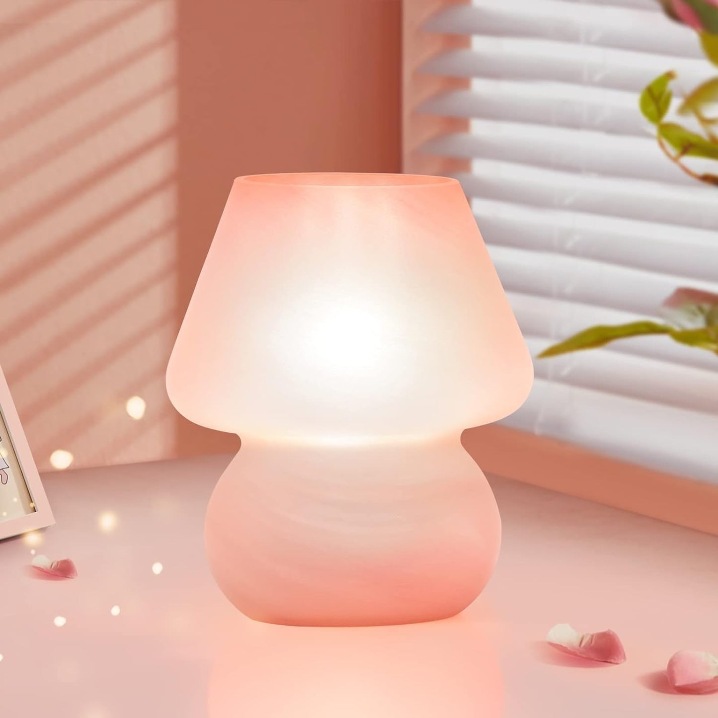 ONEWISH Mushroom Lamp Cute Table Lamp for Bedroom Nightstand Soft Light Pink, Small Glass Nightlight Stepless Dimmable
