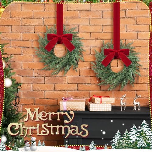4 Pcs Small Christmas Norfolk Wreaths Evergreen 12.6 Inch Christmas Kitchen Cabinet Mini Wreaths Real Touch with Bow and Burgundy Ribbon for Xmas Front Door Window Home Table Pillar Decor