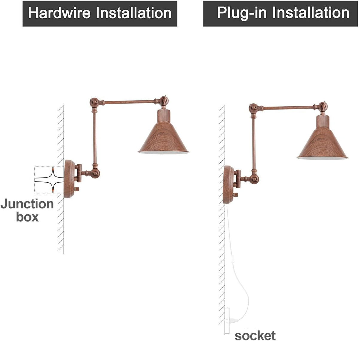 TRLIFE Plug in Wall Sconces, Dimmable Wall Sconces Set of 2 Plug in Swing Arm Wall Lights, Adjustable Wall Mounted