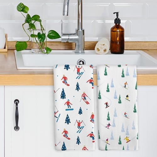 XPH Winter Skiing Kitchen Dish Towels Set of 2, Ski Lovers Gifts for Women Men, Skiing Gifts, Cozy Seasonal Winter Hand Towels Kitchen Tea Towel Decorations, 16x24inch