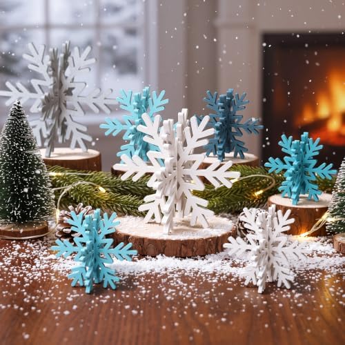 Bucherry 12 Pcs Wooden Snowflakes Table Decor,White, Gray, Blue