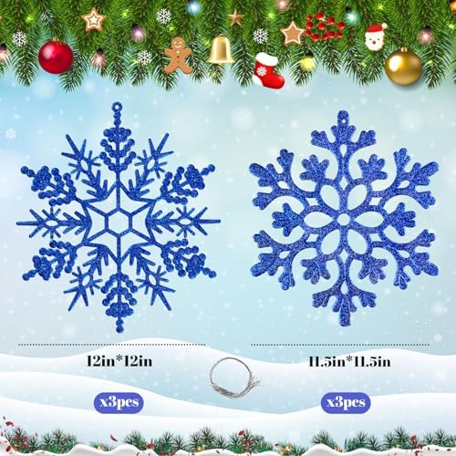 6pcs Large Navy Blue Snowflakes Ornaments 12" Big Plastic Glitter Snowflake for Winter Indoor Outdoor Christmas Tree Window Room Decorations Giant Craft Snowflakes