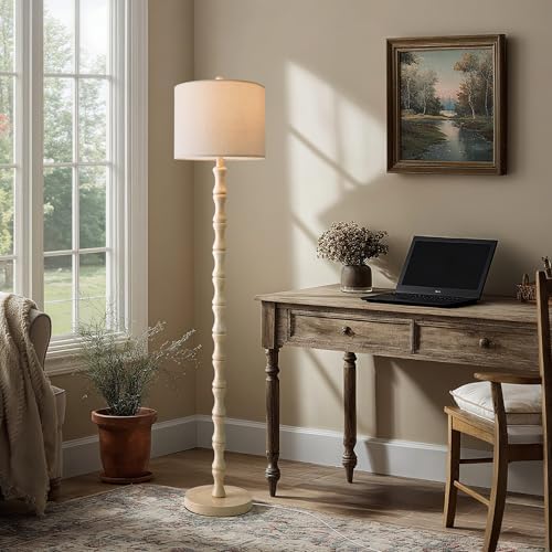 BOBOMOMO 62" Rustic Farmhouse Floor Lamp Antique White with Remote & Dimmable 9W Bulb, 3 Color Temperatures Resin
