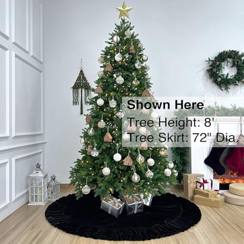 Ruffled Velvet Christmas Tree Skirt with Foam Padding, Nylon Backing and Lace-Up Tie Closure (Black, 72-Inch)