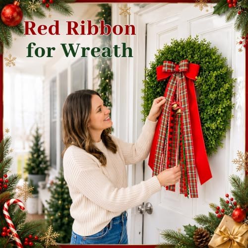 Riceshoot Wreath Ribbons for Front Door, Red Green Plaid Bow with Clip