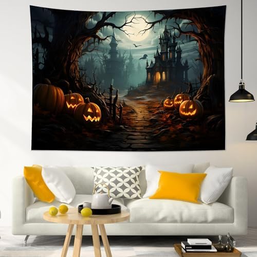 LB Horror Halloween Tapestry Wall Hanging Pumpkin by Dead Tree in Forest Tapestry Haunted Castle Tapestries for Bedroom Living Room College Dorm Wall Decor,59Wx51H inches