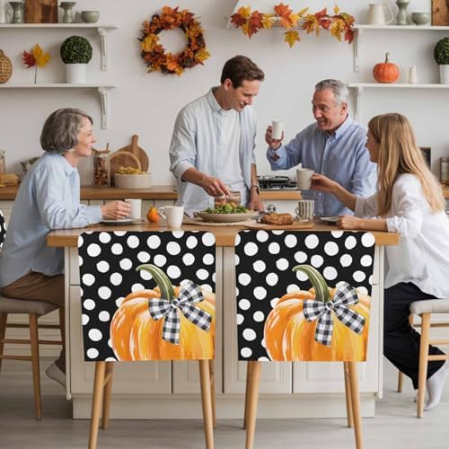 Fall Chair Covers Set of 4 Orange Pumpkin Chair Slipcover Protector Removable Stretch Chair Covers Bow Black White Polka Dots Thanksgiving Chair Back Covers for Dining Chairs Kitchen Holiday Party