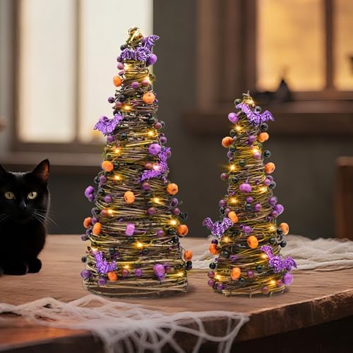2Pa Lighted Halloween Tabletop Tree,Purple Pumpkin Halloween Decor【Timer】