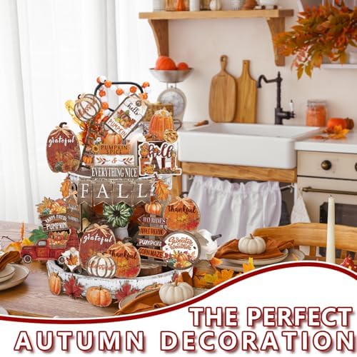 BBTO 18 Set Fall Tiered Tray Decor Rustic Farmhouse 3D Layered Wooden Signs