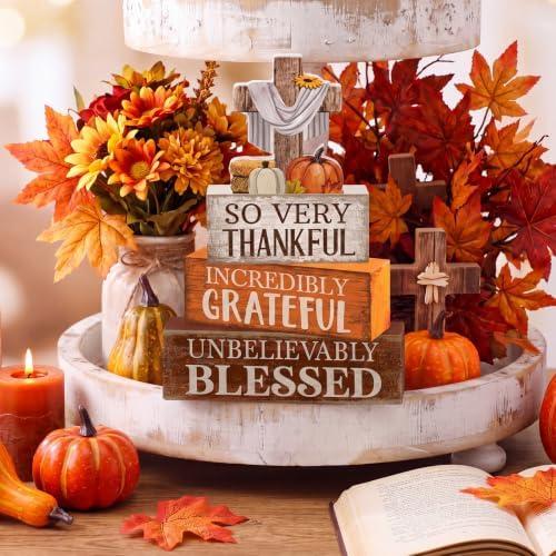 Moucuny 4 Pcs Fall Table Decoration for Home Religious Cross Stacked Signs