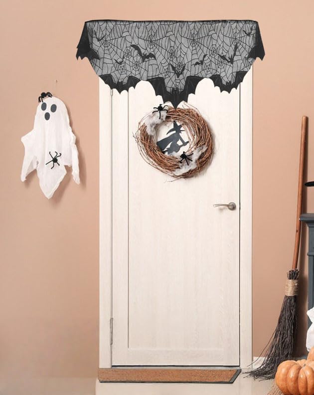 Halloween Fireplace Decorations, Fireplace Mantle Scarf Cover Garland Decor, Black Lace Spider Web for Door Windows for Festive Party (Style bat, black1)