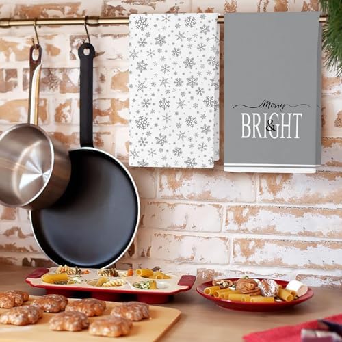 JOOCAR Christmas Snowflake Kitchen Towels Grey Snowflake Dish Towels Set of 2, 16x27 Inch Seasonal Winter Holiday Decor Drying Dishcloth, Chrismtas Decoration Hand Towels for Bathroom Kitchen