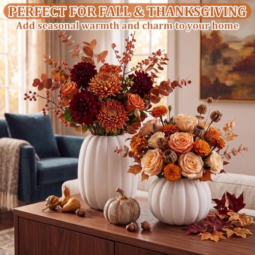 FoldTier 2pcs Fall Pumpkin Vase Ceramic Fall Table Decor Centerpieces Thanksgiving White Pumpkin Vases Centerpiece Autumn Harvest Decorations for Home Indoor Dining Room Kitchen Office