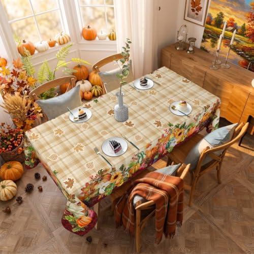 Fall Plaid Tablecloth Rectangle 60 x 120 Inch, Stain Resistant Washable Fabric Autumn Harvest Pumpkin Tablecloths Rectangular Fall Table Cloth Rectangle Table Cover for Kitchen Dining Party