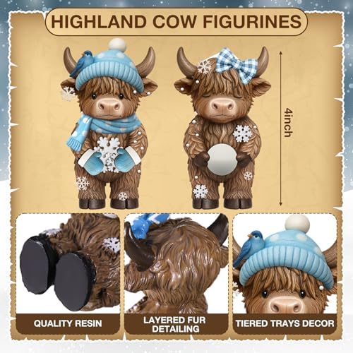Simgoing 2 Pack Winter Highland Cow Figurines Snowflake Highland Cow Tabletop Decorations Calf Lovers Gifts for Home Centerpieces Holiday Ornament Gifts