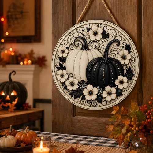 Fall Decor - Black and White Pumpkin Wreath Door Sign for Front Door