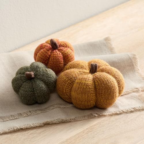 Set of 3 Cozy Mini Knit Pumpkins (Marigold Multi-Size Set)