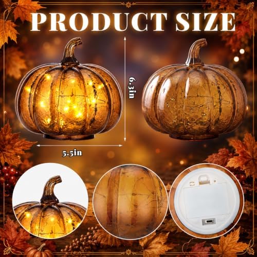 Glooglitter Mercury Glass Pumpkin Light LED Fall Lamp, Round, Amber, Small
