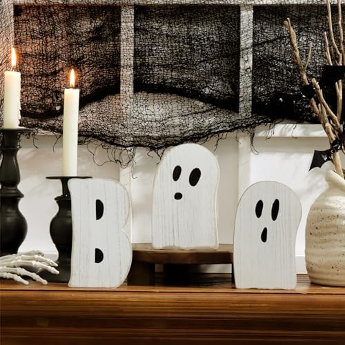 Halloween Table Decorations Indoor: 3pcs Farmhouse Halloween Cute Ghost Decorations, Mini Black White BOO Wood Plank Signs, Rustic Tiered Tray Decor Wooden Ghost Desk Office Decor for Home Kids