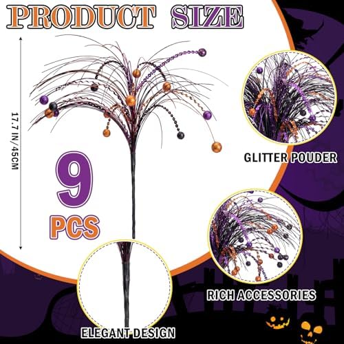 Suncalla 9 Pcs Halloween Floral Picks 17.7 Inch Artificial Glitter Stems Halloween Tree Vase Filler Decoration Purple Orange Black Table Centerpiece Decor Sprays Picks for Wreath Party Home