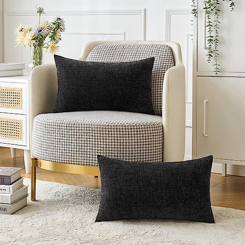 MIULEE Soft Chenille Lumbar Throw Pillow Covers Black 12x20 Inch Pack of 2