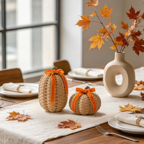 DN DECONATION Fall Pumpkin Decor, Fake Rattan Pumpkin Decorations for Home