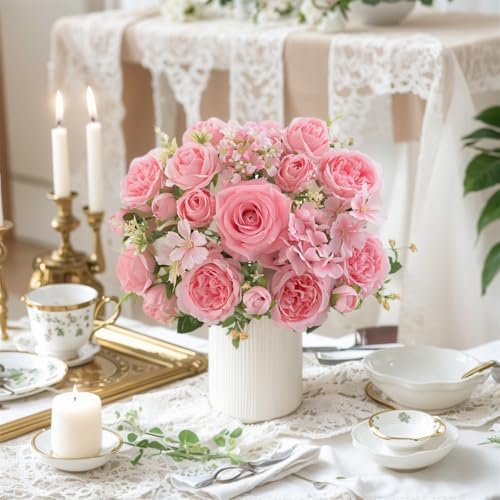 4 Pcs Mixed Artificial Peony Flowers Set-2 Bouquets & 2 Stems, Pink Fake Peony Rose Hydrangea Flowers for Vase Silk Floral Arrangements for Table Centerpiece Wedding Party Bridal Decoration Home Decor