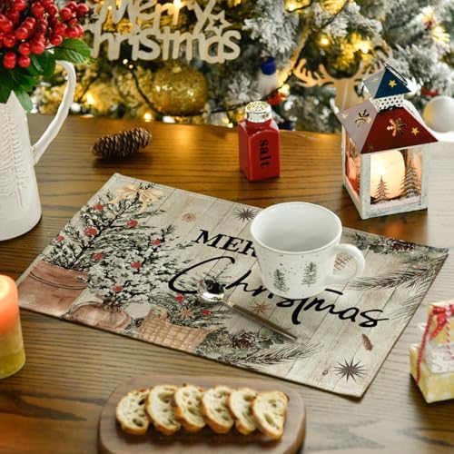Artoid Mode Wood Holly Pine Cone Merry Christmas Placemats Set of 4, 12x18 Inch Seasonal Winter Holiday Table Mats for Party Kitchen Dining Decoration