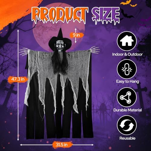 3 Pack 4 Foot Hanging Witch Halloween Decorations, Large Scary Witches with Witch Hats, Long Hair, Skeleton Hands & Tattered Robes, Hanging Halloween Decor for Indoor Outdoor Yard Porch Haunted House