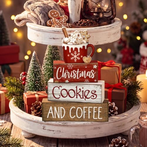Lineshading 4 Pcs Christmas Coffee Table Decor, Hot Cocoa Wood Block Signs