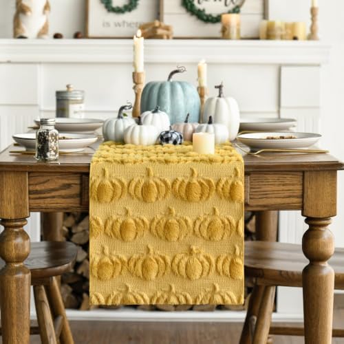 Artoid Mode Ginger Soft Faux Fur Pumpkins Fall Table Runner 13x72 Inch