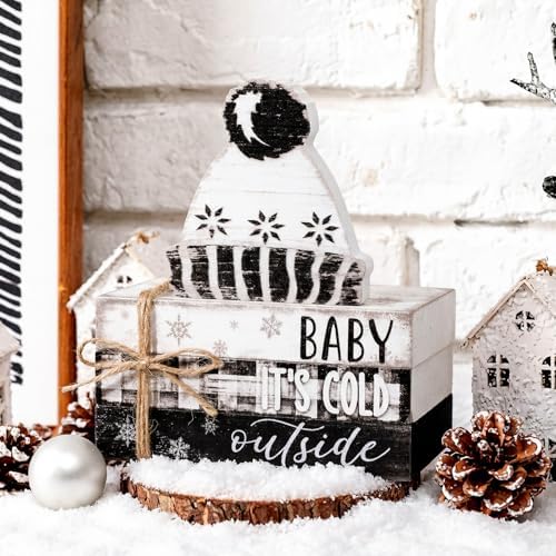 Geelin 4 Pcs Winter Tiered Tray Decorations Wooden Book Stack Signs, Rustic Farmhouse "baby It's Cold Outside" Holiday Winter Decor for Table Shelf Mantel Entryway Home Decorations