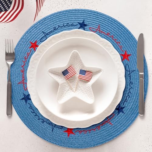 Whaline 4Pcs Round Patriotic Placemats Stars Embroidered Place Mats 4th of July Dinner Table Mats for Independence Day 250th Anniversary Home Birthday Party Decor