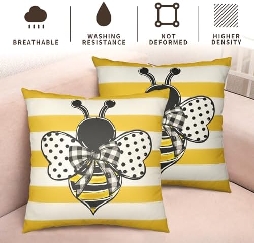 Summer Bee Pillow Covers 22x22 Set of 2 Yellow White Striped Bumblebee Pillow Cases Spring Honey Bee Holiday Decorative Cushion Case for Bed Couch Sofa
