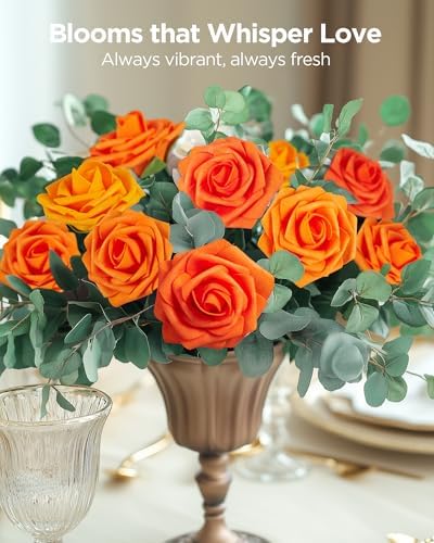 InnoGear Fake Roses 50 Pcs Shades of Orange Flowers Artificial Faux Floral