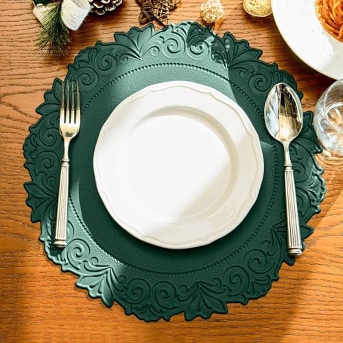Round Faux Leather Placemats Set of 6, Dining Table Mats, Green