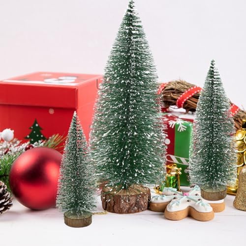 5PCS Small Christmas Trees, Bottle Brush Christmas Trees Mini Sisal Snow Frost Trees Pine Trees with Wood Base Tabletop Mini Christmas Village Tree for Holiday Decorations