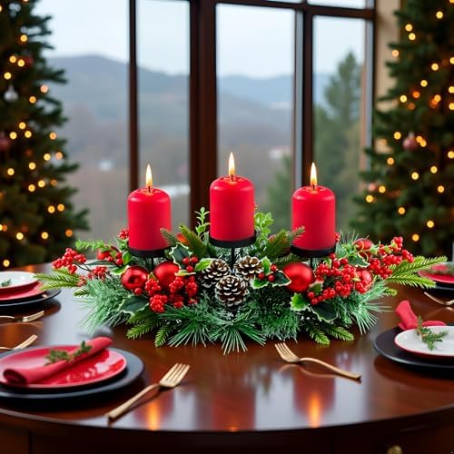 YULETIME 28" Christmas Triple Candelabrum, Red Baubles, Berries, Pine Cones