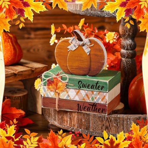 FairySandy 4 Pcs Fall Decor Thanksgiving Wooden Pumpkin Book Table Decor