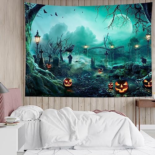HVEST Halloween Tapestry Wall Hanging Black Crow Bat and Pumpkin in Scary Graveyard Forest Wall Art for Bedroom, Spooky Full Moon Night Tapestry for Living Room Holiday Wall Decor, 92.5W X 70.9H inches