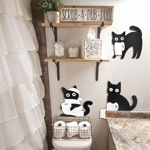 Dripykiaa Funny Black Cat Bathroom Decor Set, 3 Pcs Wooden Cats