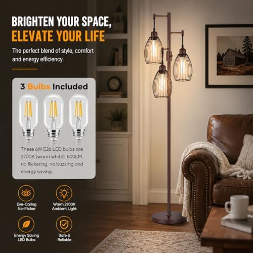 Nintiue Dimmable Floor Lamp,3x800LM LED Bulbs Included, Farmhouse Industrial Floor Lamp Standing Tree Lamp with