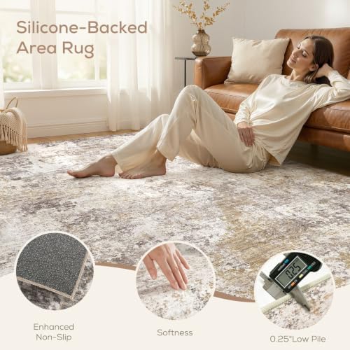 Nakagishi 10X14 Area Rugs for Living Room: Washable Modern Abstract Rug with Non-Slip Silicone Backing Low Pile Soft
