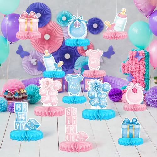 Gender Reveal Decoration Set - Includes Baby Reveal Table Decorations with Honeycomb Centerpiece for Boy or Girl Baby Shower Party Decoration