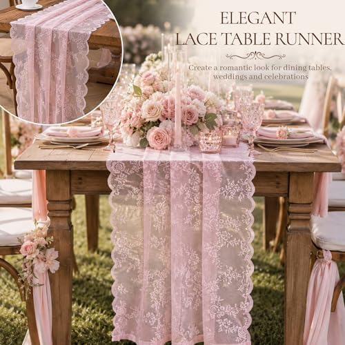Pink Lace Table Runner with Floral Embroidered (3pcs, 28”x118”)