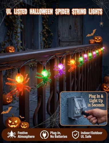 12FT Spider Halloween String Lights with 20 LED Plug in Spider Lights