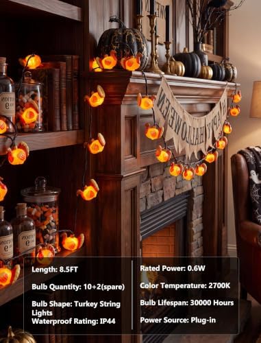 8.5FT 10 LED Outdoor Thanksgiving Turkey String Lights Plug in, Waterproof