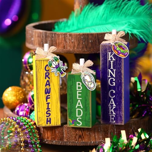 GlikCeil 3 Pcs Mardi Gras Table Decor Carnival Table Centerpiece Decorations Square Wood Mardi Gras Block Sign with Wooden Plaque and Bows for Home Carnival Party Desk Kitchen Decor